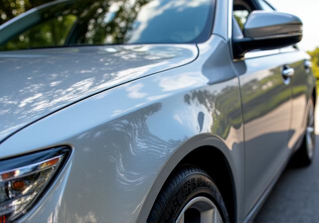 研磨後、鏡のように周りの景色を映し出すシルバーのセダン