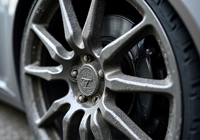 ブレーキダストで真っ黒に汚れたスポーツカーのアルミホイール