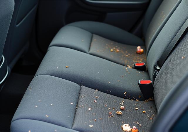 子供が汚したお菓子の食べこぼしがあるSUVの後部座席