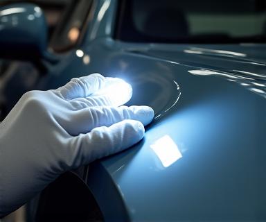 白い手袋をしたスタッフがLEDライトで車体の最終チェックをしている