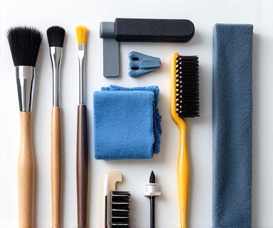 様々な種類のディテイリングブラシやタオルが整理されている様子