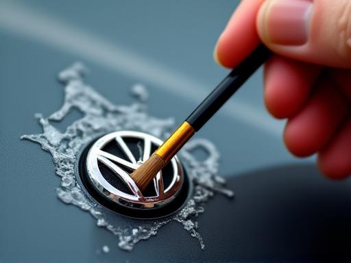 ディテイリングブラシで車のエンブレム周りを清掃している様子