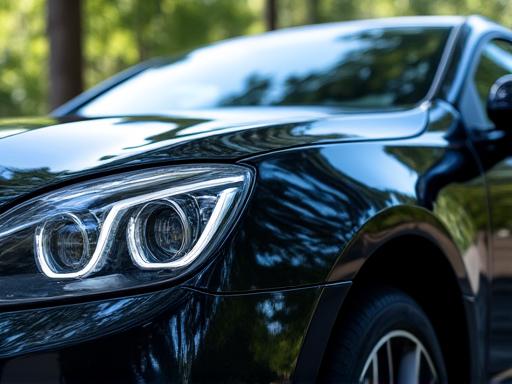 セラミックコーティングを施工し、鏡のように輝く車のボディ