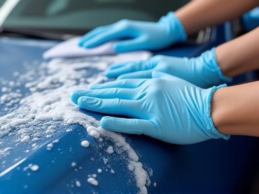 専門スタッフが手袋で車体を優しく洗っている様子